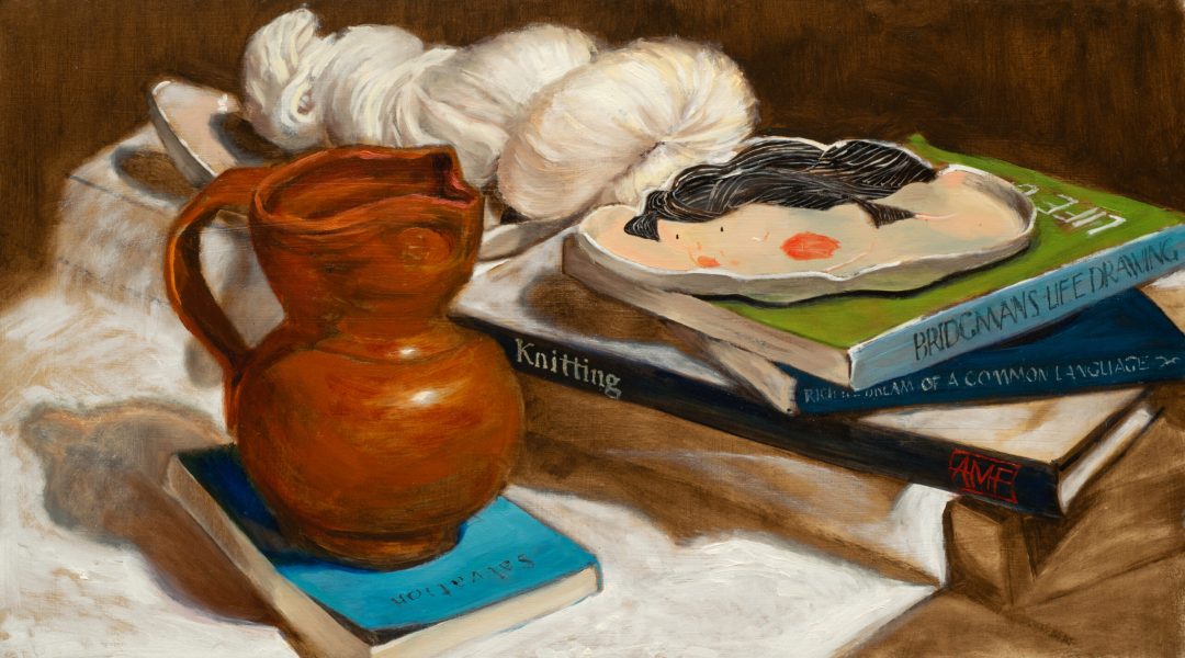 Still life oil painting of a jar resting on bell hooks' "Salvation", a "Tang Lady Plate" resting on George Bridgman's "Life Drawing", Adrienne Rich's "The Dream of a Common Language", and Vogue's "Knitting", and a skein of yarn resting on another "Tang Lady Plate" purchased from Wing On Wo & Co.