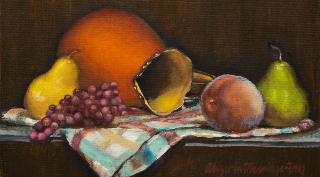 Still life oil painting of an orange ceramic jar on its side with fruit with a checkered cloth hanging over the edge of a shelf